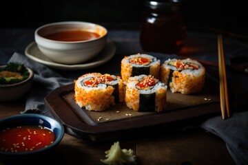 japanese sushi roll with a korean twist, featuring kimchi and hot sauce, created with generative ai