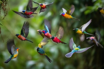group of colorful birds flying in formation, created with generative ai