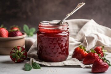 jar of homemade strawberry jam, with a serving spoon and cloth napkin nearby, created with generative ai