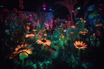 Fototapeta premium neon plant garden, with blooming flowers and buzzing bees, created with generative ai