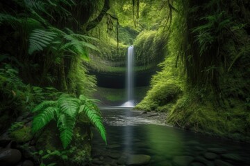 Fototapeta premium majestic waterfall surrounded by lush greenery and natural beauty, created with generative ai
