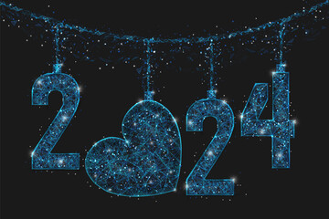 Abstract isolated blue image of new year number 2024. Polygonal low poly wireframe illustration looks like stars in the blask night sky in spase or flying glass shards. Digital web, internet design. © Katsiaryna