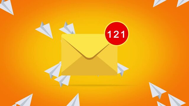 Email Envelope Receive Many Electronic Mails with Many Paper Plane Flying Into The Yellow Mailbox. Counting Number of Messages. Animation on Orange Background 