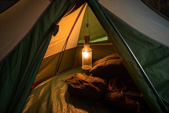 close-up of tent with lantern and backpack visible inside, created with generative ai