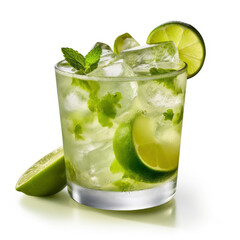 A glass of caipirinha, mojito, lemonade