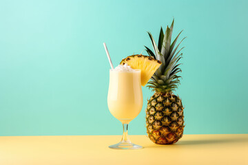 Caribbean pina colada cocktail in a glass, garnished with a slice of pineapple, copy space. Isolated on a bright green tropical background. Cold summer pina colada with whipped cream. Generative AI 