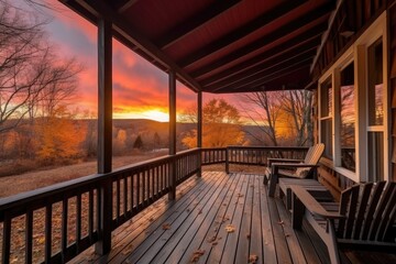 cozy cabin retreat with wraparound porch, perfect for watching the sunset, created with generative ai