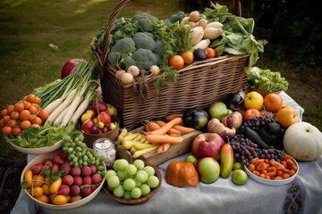 picnic basket overflowing with fresh fruits and vegetables, created with generative ai