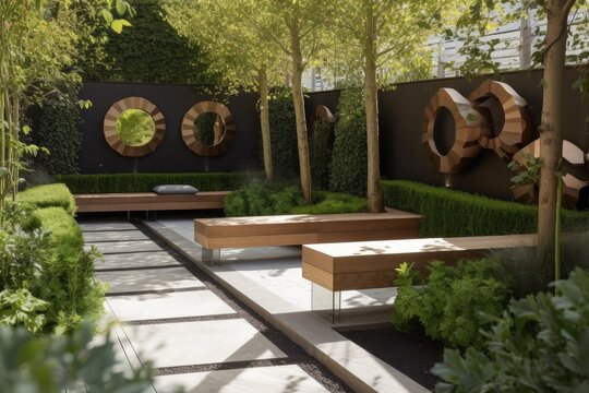 modern garden with sleek wooden benches and metal accents, created with generative ai