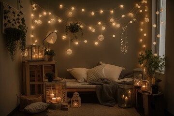 a whimsical nook, with a string of lights and hanging lanterns, created with generative ai - obrazy, fototapety, plakaty