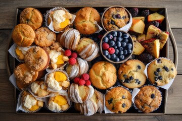 breakfast muffin tray filled with mini muffins, scones, and other baked goods, created with generative ai
