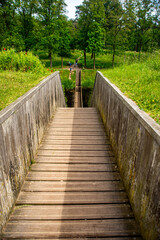 29 May, 2023, Halsteren, Netherlands Moses bridge, a sunken pedestrian bridge in a moat, in Fort De Roovere