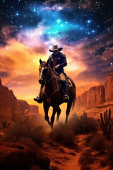 Fototapeta na wymiar A Western Cowboy Riding Under the Milky Way Galaxy in the Desert, Generative AI
