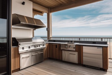 custom-built cooking station with a view of the ocean or waterfront, created with generative ai