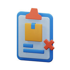 Obraz premium package order canceled to deliver. cardboard with clipboard paper document with cross mark for delivery service report 3d rendered icon illustration design