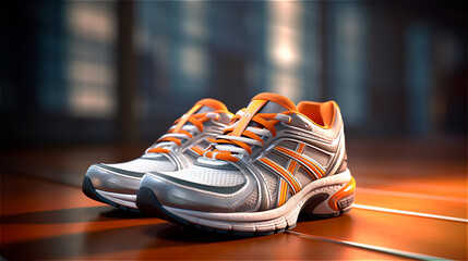 a pair of unworn new running shoes in mood light, generative AI
