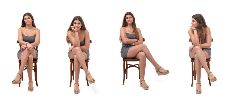 front view group of same young girl sitting on chair with cross legged on white background