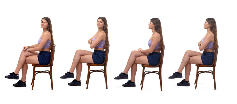 side view of portrait of the same girl in variouos poses sitting on a chair on white background