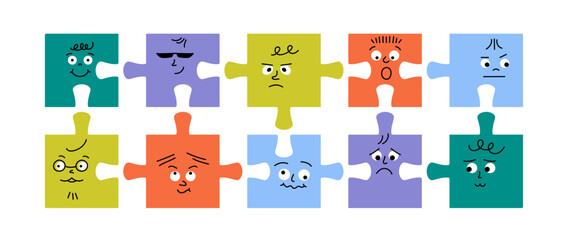 Fototapeta premium Abstract comic puzzle characters. Doodle cute face jigsaw pieces, cartoon game elements with various emotions. Vector set