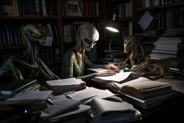 alien student, surrounded by books and papers, studying in the library, created with generative ai