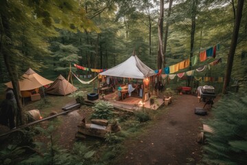 outdoorsy campsite, with cozy tents, hammocks, and lanterns, created with generative ai