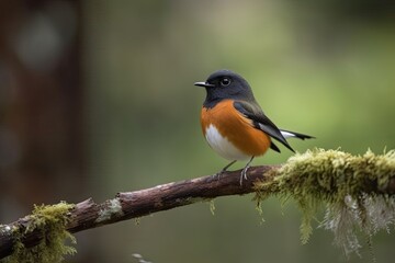 male redstart bird perched on branch, with stunning view of the forest, created with generative ai