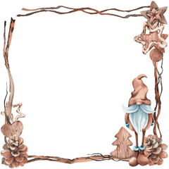 Christmas frame with cartoon illustration, dry twigs and pine cones. Watercolor painting on white background.