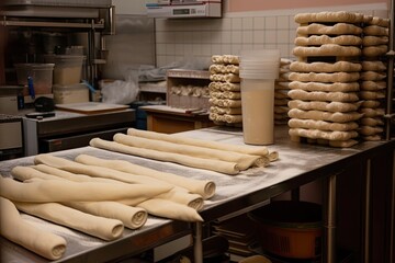 Fototapeta na wymiar pizzeria, with stacks of freshly rolled dough ready for the chef's next creation, created with generative ai