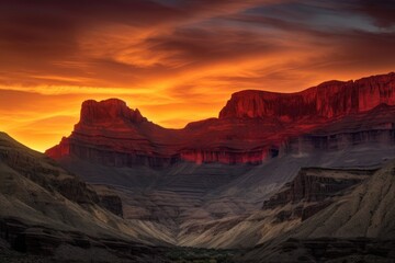 majestic mountain range, with fiery sunset highlighting the cliffs and canyons, created with generative ai