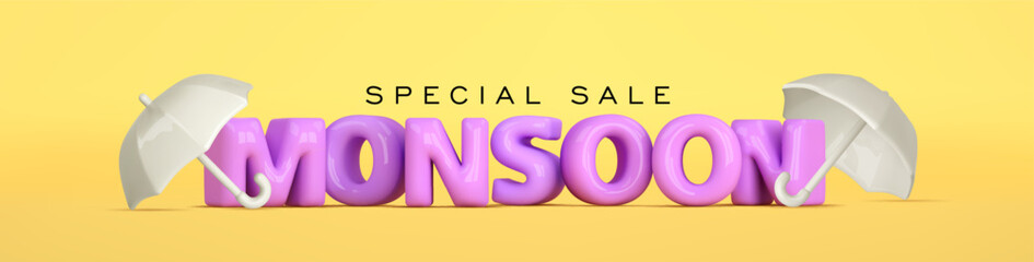 Monsoon season sale banner. 3d balloon monsoon text and 3d umbrella on yellow background. Vector cartoon illustration for promotion, discount, web header, coupon