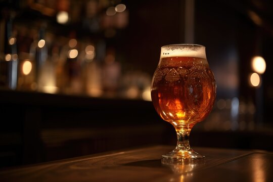 bar scene, with close-up shot of single glass of draught beer, perfect for showcasing the intricate and delicate head, created with generative ai