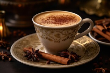 cardamom powder sprinkled on top of a freshly brewed cup of chai tea, with a cinnamon stick and star anise nearby