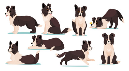 Set of cute Border Collie dog breed icons isolated on white background. Collection of canine characters with happy faces sleeping, running, barking, playing and sitting. Cartoon vector illustration. - obrazy, fototapety, plakaty