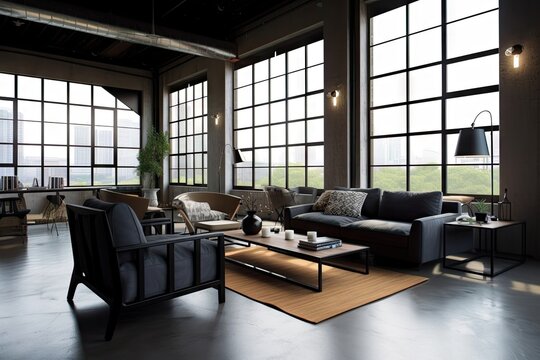 industrial home, with sleek and modern furniture in the living room, created with generative ai