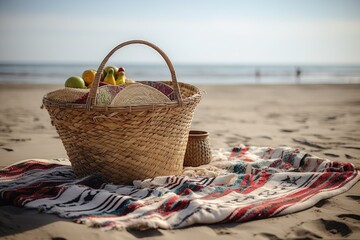 picnic setup with basket and blanket on sunny beach, created with generative ai