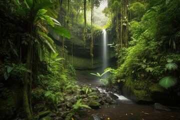 majestic waterfall, cascading into lush jungle below, created with generative ai