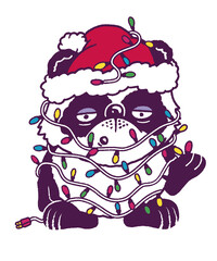 Panda in Christmas Lightings Cute Santa New Year Animal