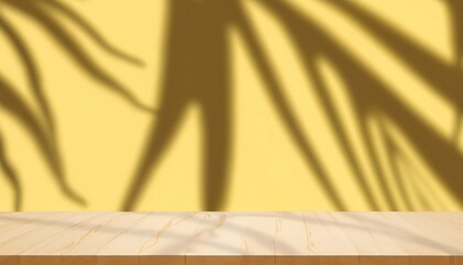 Empty wooden table on yellow color wall background. Backdrop for product display with leaf shadows on the wall and light reflections. Mock up for presentation, brand products, Generative AI