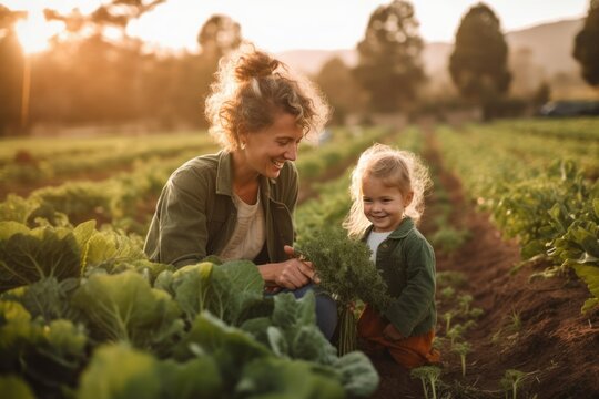 Eco-friendly Organic Farming - Happy Mother Picking Fresh Kale with Daughter in Garden - Health, Sustainability, Family, Generative AI