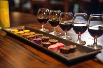 Obraz premium chocolate tasting flight, featuring different types of chocolate paired with various wines, created with generative ai