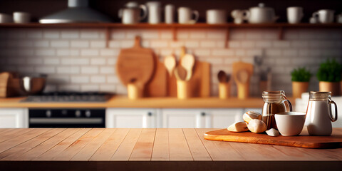 Empty display table, display of your product. Defocused image of a kitchen. Mocap.