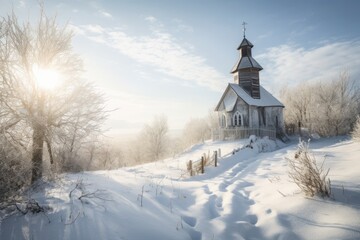 Fototapeta na wymiar snow-covered chapel in the midst of a winter landscape, created with generative ai