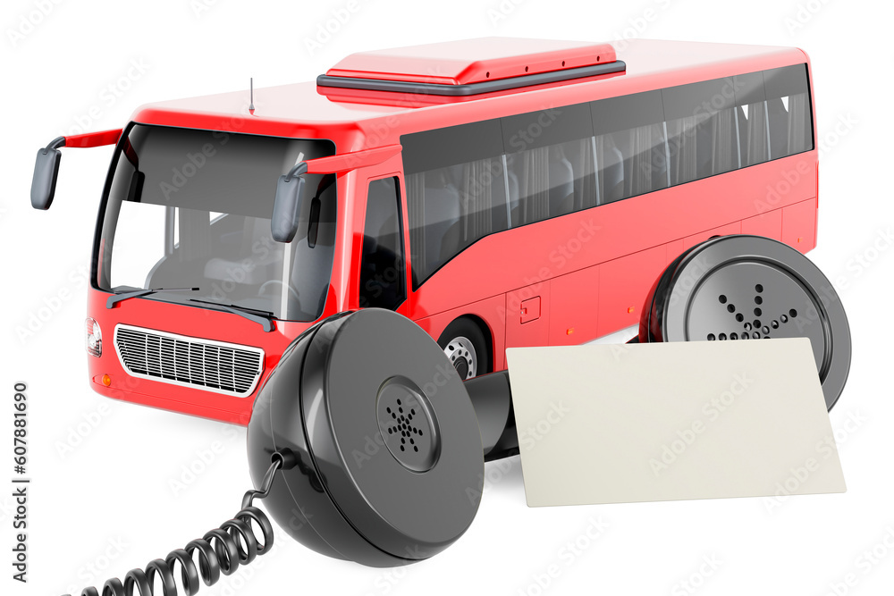Poster bus with blank business card and retro phone receiver. 3d rendering