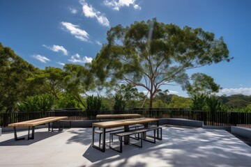 outdoor seating area with view of trees and clear blue sky, created with generative ai