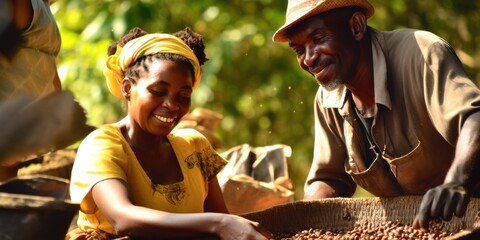 Handpicking Jamaican Coffee Beans in Lush Plantation - High Quality, Sharp Image with Couples, Greenery, Harvest, and Generative AI - obrazy, fototapety, plakaty