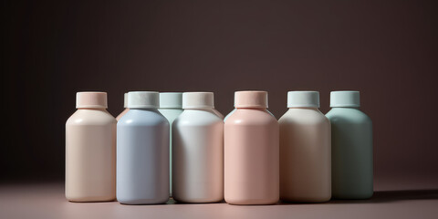 Plastic paint bottles in different pastel colors with lids stand in a row. Mockup Bottles with a clean design for product branding, front view, copy space. Generative AI professional photo imitation.