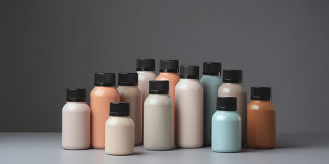 Plastic paint bottles in different pastel colors with black lids stand in a row. Mockup Bottles with a clean design for branding, front view, copy space. Generative AI professional photo imitation.