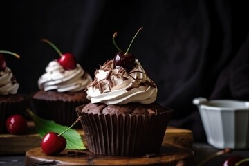 edible chocolate cupcake, with whipped cream and cherry on top, created with generative ai