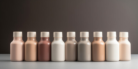 Plastic paint bottles in different pastel colors with white lids stand in a row. Mockup Bottles with a clean design for branding, front view, copy space. Generative AI professional photo imitation.
