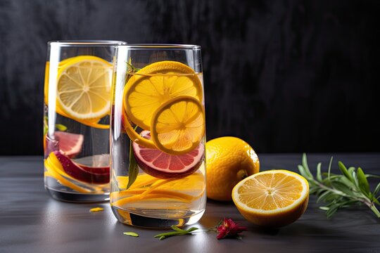 glass of fruit-infused water, topped with slice of lemon or other citrus, created with generative ai